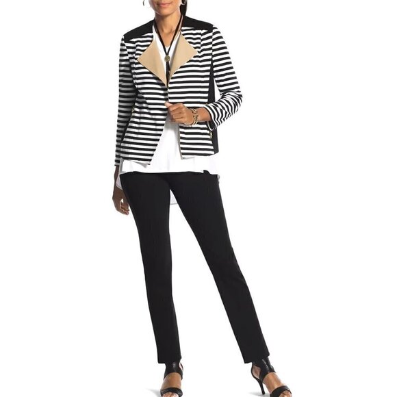 Chico's 1 Sz M Black Striped Moto Jacket Blocked Ponte Knit Tuxedo Blazer - Picture 12 of 15